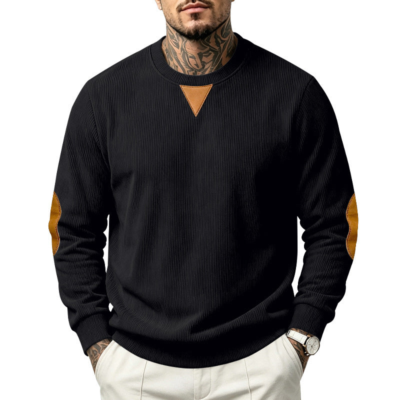 Herr College-Tröja med Textured Stickad, Elbow Lappar och Round Neckline