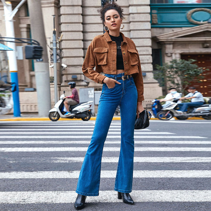 Dam cropped manchester jacka med applied flap fickor, skjortkrage, och button closure