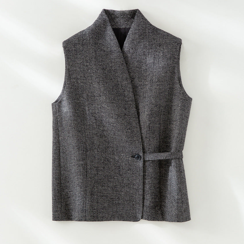 Dam ärmlös skräddad ullblandning väst med shawl krage look och midja strap