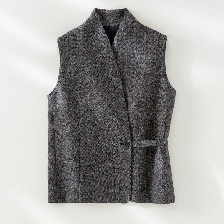 Dam ärmlös skräddad ullblandning väst med shawl krage look och midja strap