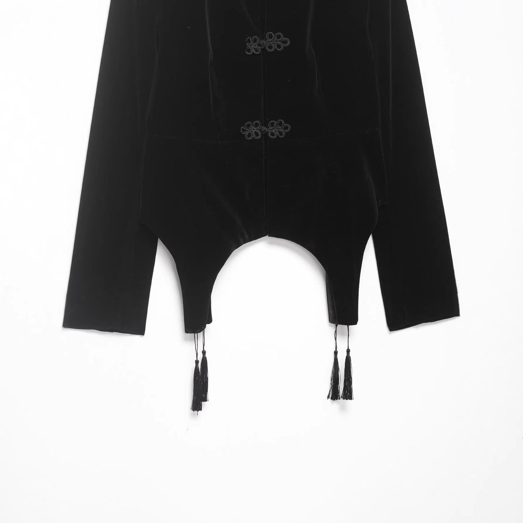 Dam Velvet Bolero med Chinese Stå Krage, Frog Closures och Asymmetrisk Nederkant