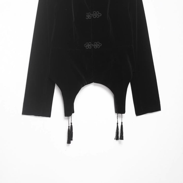 Dam Velvet Bolero med Chinese Stå Krage, Frog Closures och Asymmetrisk Nederkant
