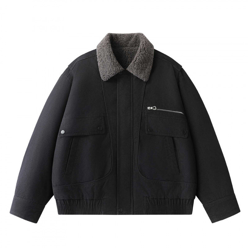 Herr short-cut canvas aviator jacka med Sherpa krage och flerafunction fickor