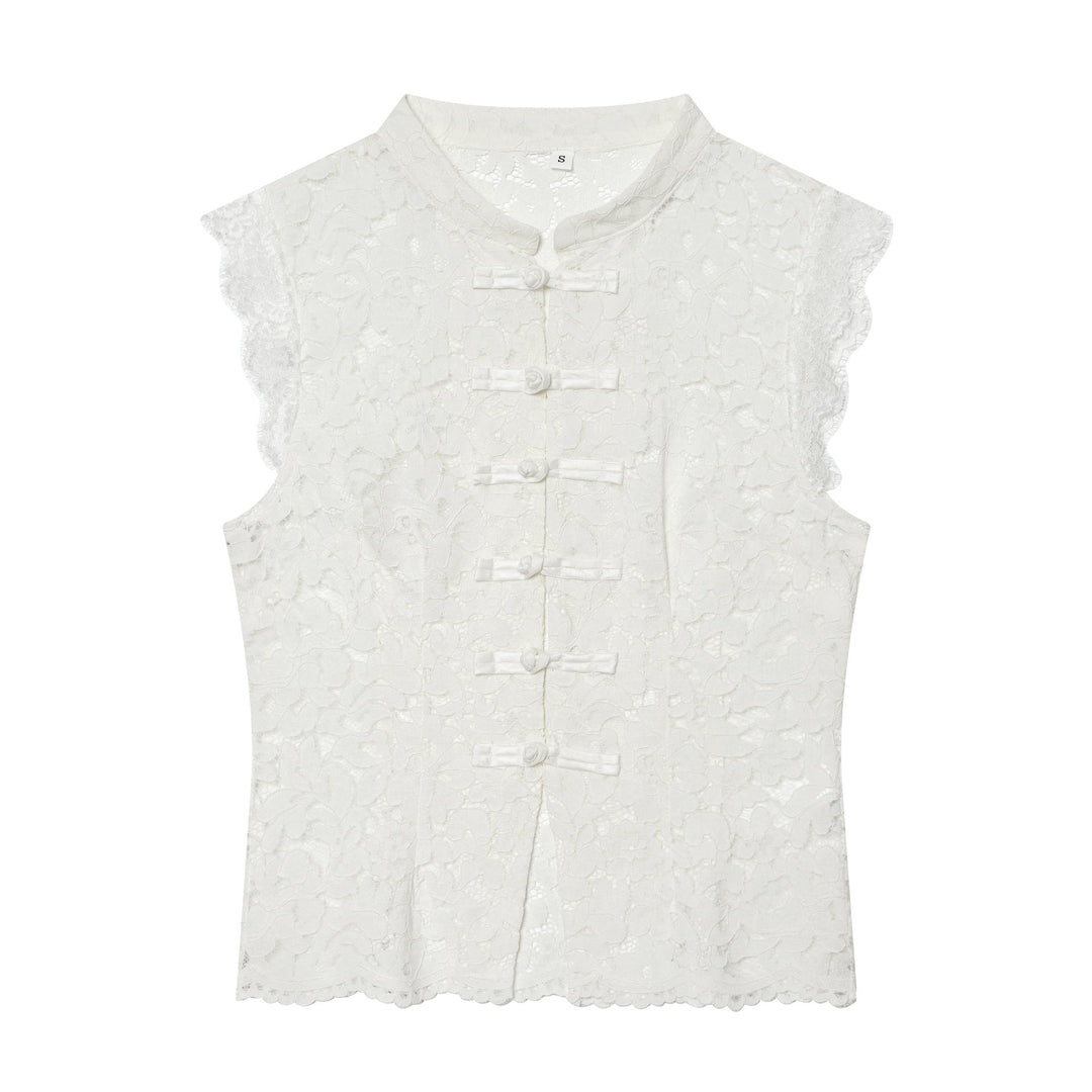 Dam elegant spets jacka med ståkrage, decorative manchester closures och cropped silhuett