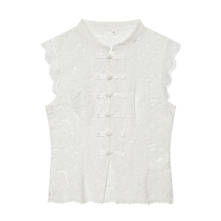 Dam elegant spets jacka med ståkrage, decorative manchester closures och cropped silhuett