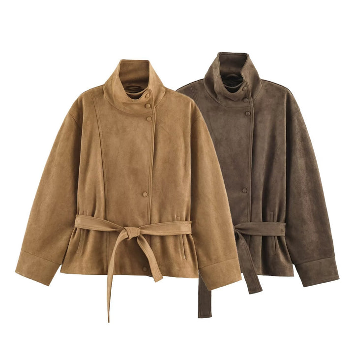 Dam Kort Jacka Tillverkad av Suede Look med Stå Krage och Tie Belt