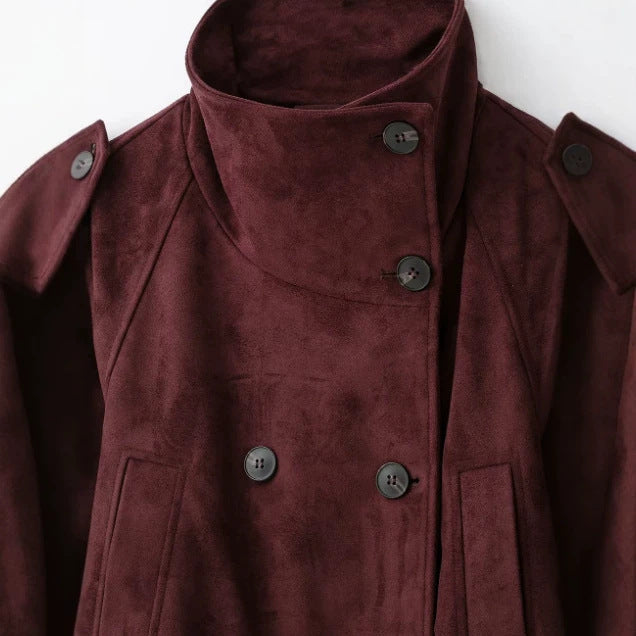 Dam Kort Jacka Tillverkad av Suede Imitation med Hög Stå Krage och Tie Belt