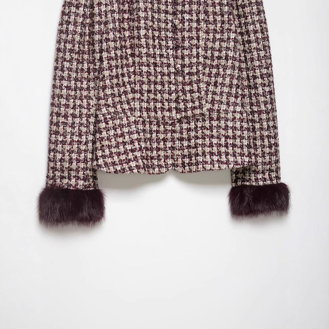 Dam Kort Skärning Bouclé Tweedjacka med Stå Krage och Faux Fur Muddar