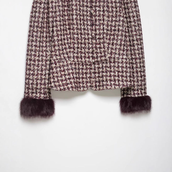 Dam Kort Skärning Bouclé Tweedjacka med Stå Krage och Faux Fur Muddar