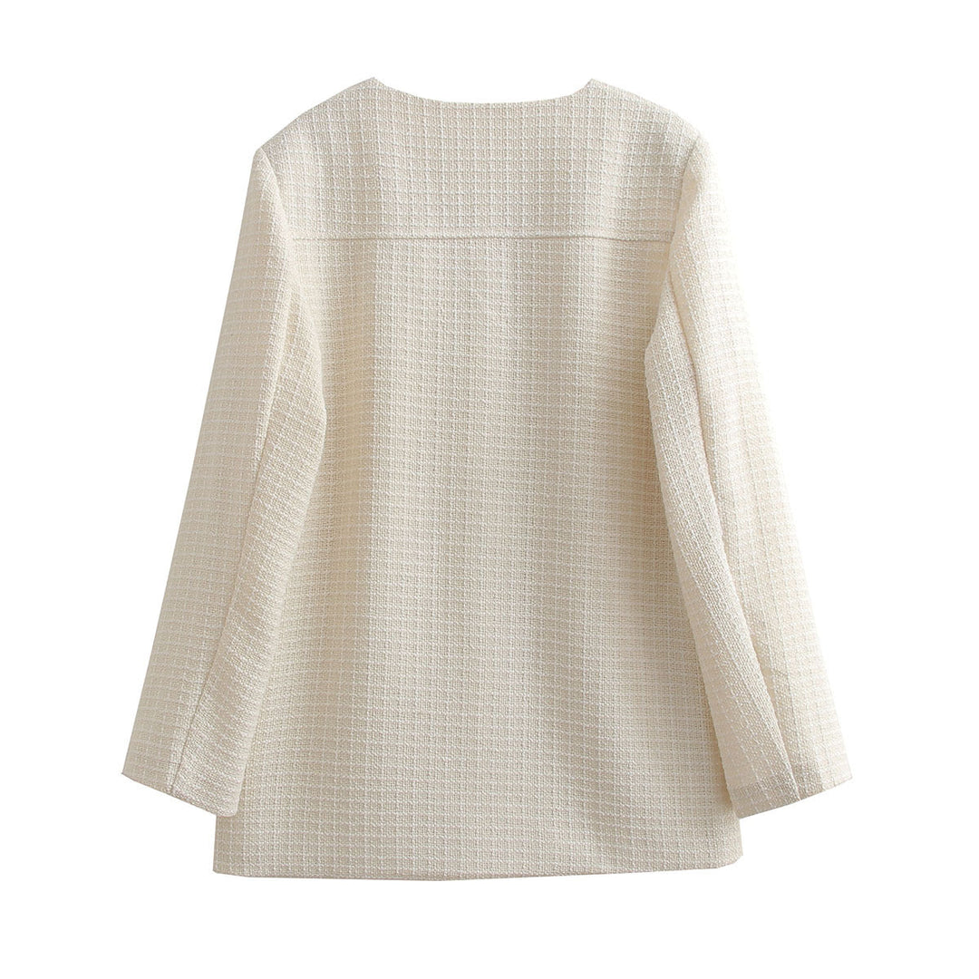Dam Bouclé-Tweed blazer jacka med rund hals och påsydda fickor