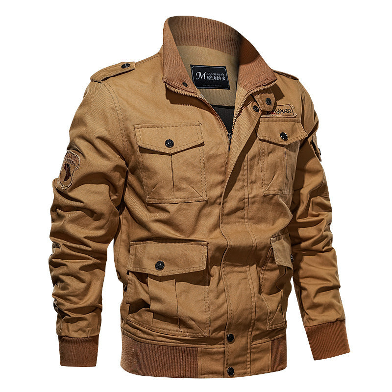 Herr Military-Inspired Canvas Fältjacka med Epaulettes, Flera Fickor och Ribbad Fåll
