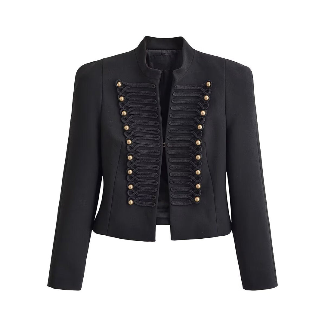 Dam Kort Jacka i Military Stil med Stå Krage &amp; Dekorativ Cord Embellishment