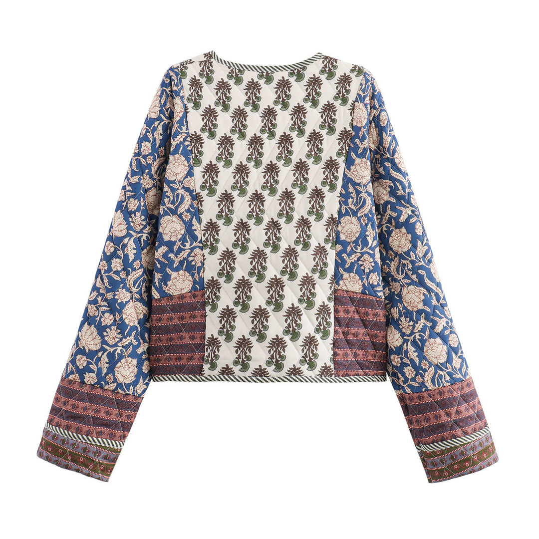 Dam quiltad patchwork kimono jacka med öppen front och påsydda fickor