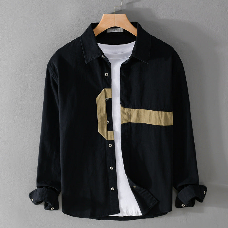Herr Casual Overshirt Skjorta med Geometrisk Kontrast Rand och Tryckknapp Slå