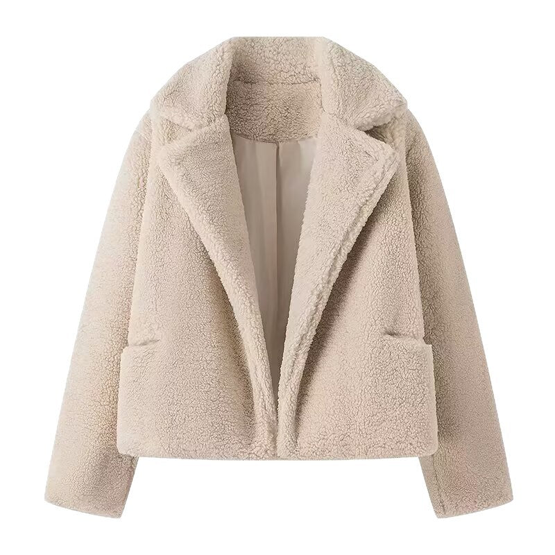 Dam kort Faux Fur teddy Blouson med vid slagkrage