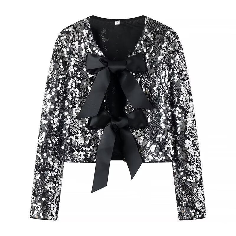 Dam kort skärning Sequin Bolero jacka med Triple Satin Bows och Lined Interior