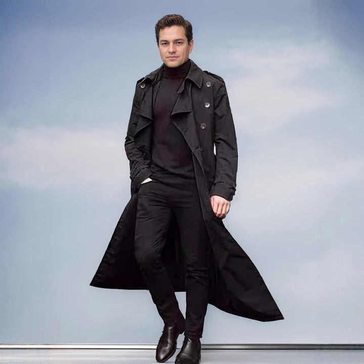 Herr Vattenavvisande Long Trenchcoat med Dubbel Knapplist, Axel Epaulettes, och Justerbar Midja Belt