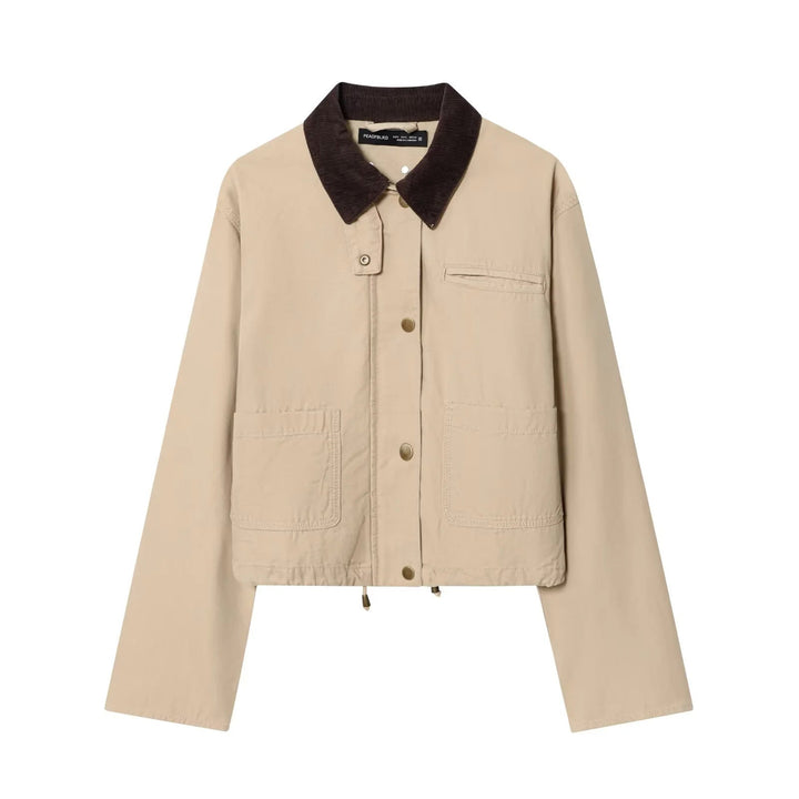 Dam kort chore jacka med manchester krage, press stud placket och drawstring fåll