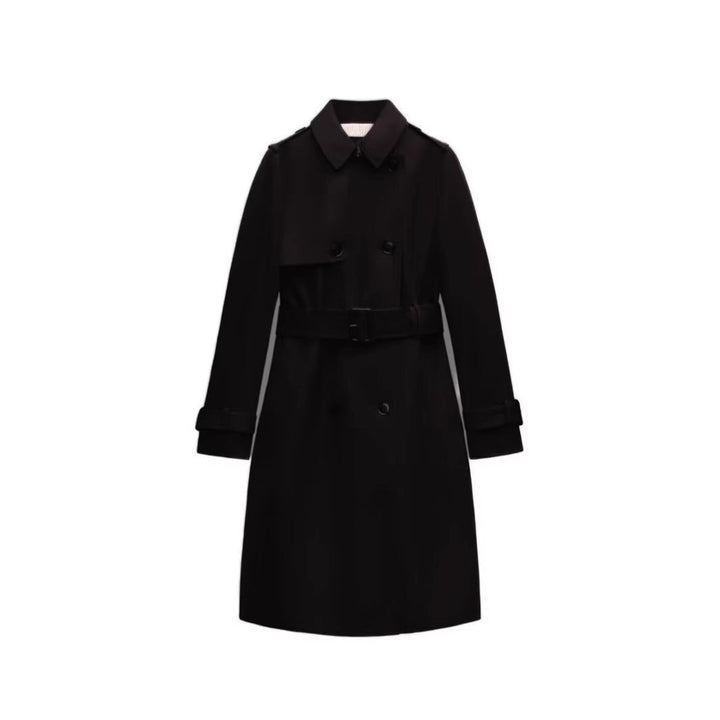 Dam Longer Skräddarsydd Trenchcoat med Dubbel-Breasted Knapplist, Midjebälte, och Ärm Tab