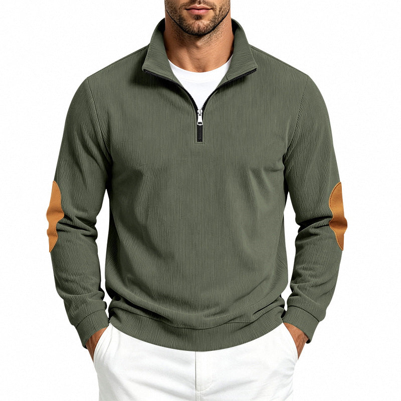 Herr Light Strukturerad Halv Dragkedja Pullover med Cord Elbow Lappar och Ståkrage