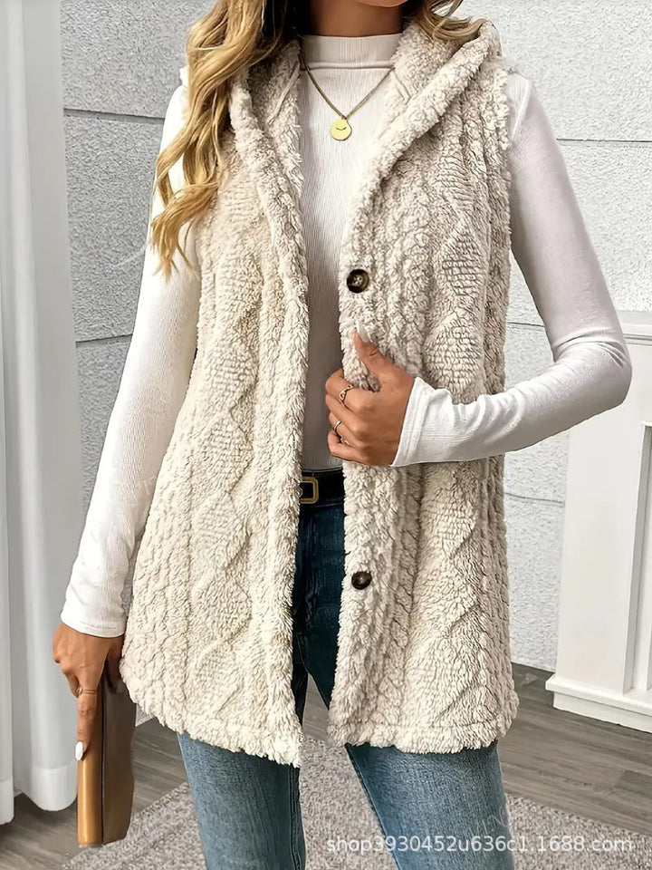 Dam fleece Lined teddy väst med huva och knapp stängning