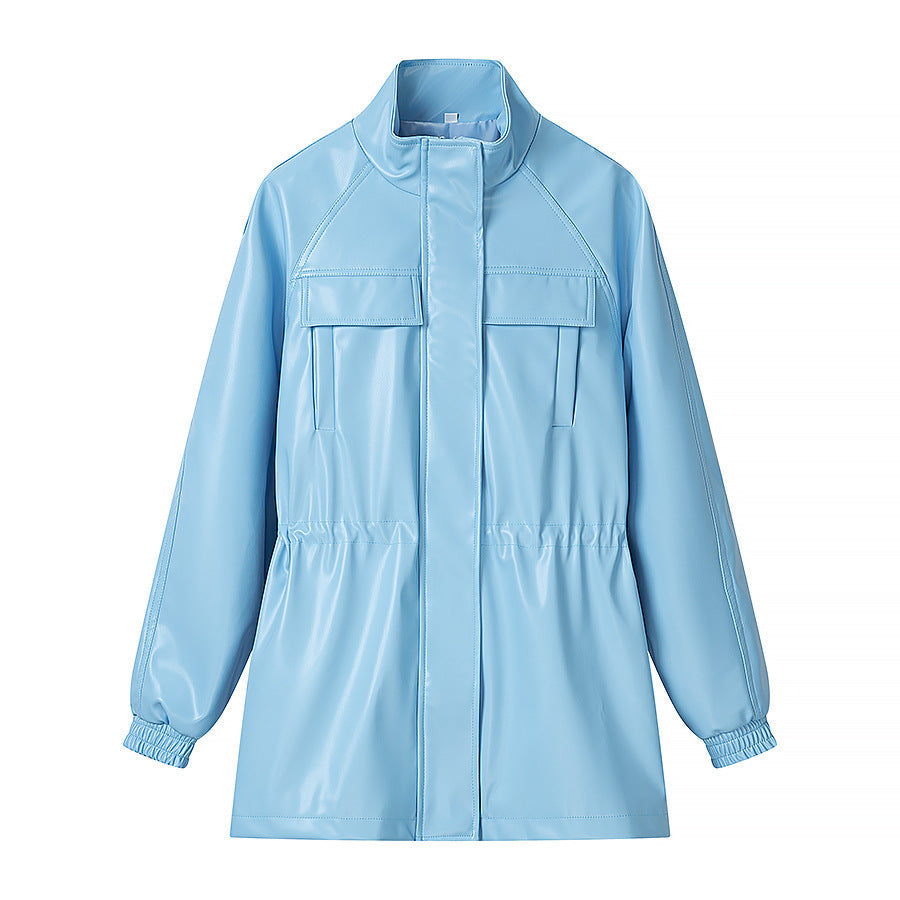 Dam konstläder parka med dragsko midja, ståkrage, och flap fickor