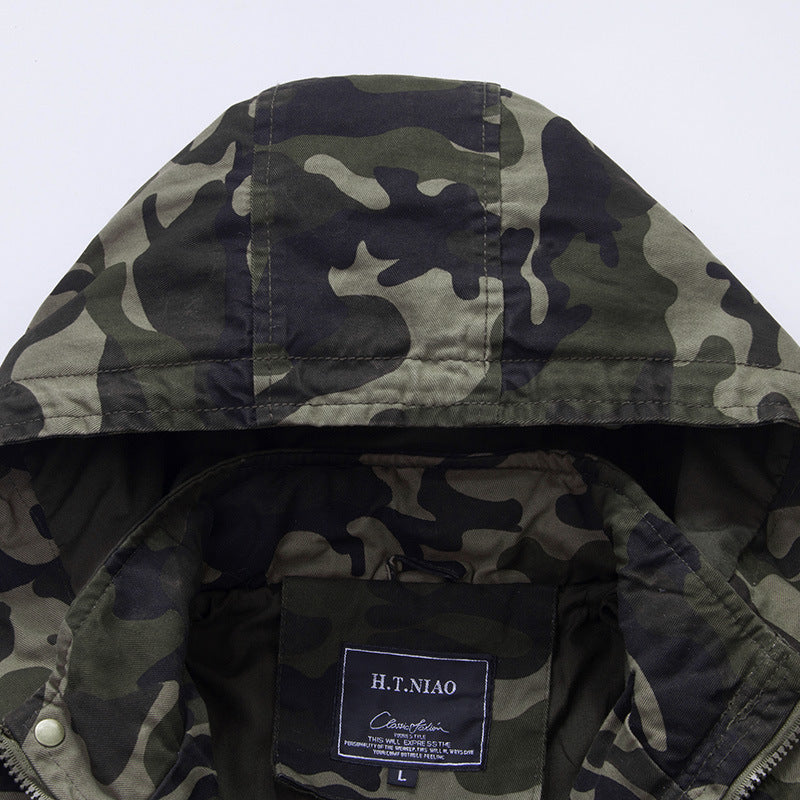 Herr Kamouflage Fältjacka med Huva, Multifunctional Exterior Fickor och Dragsko Midja