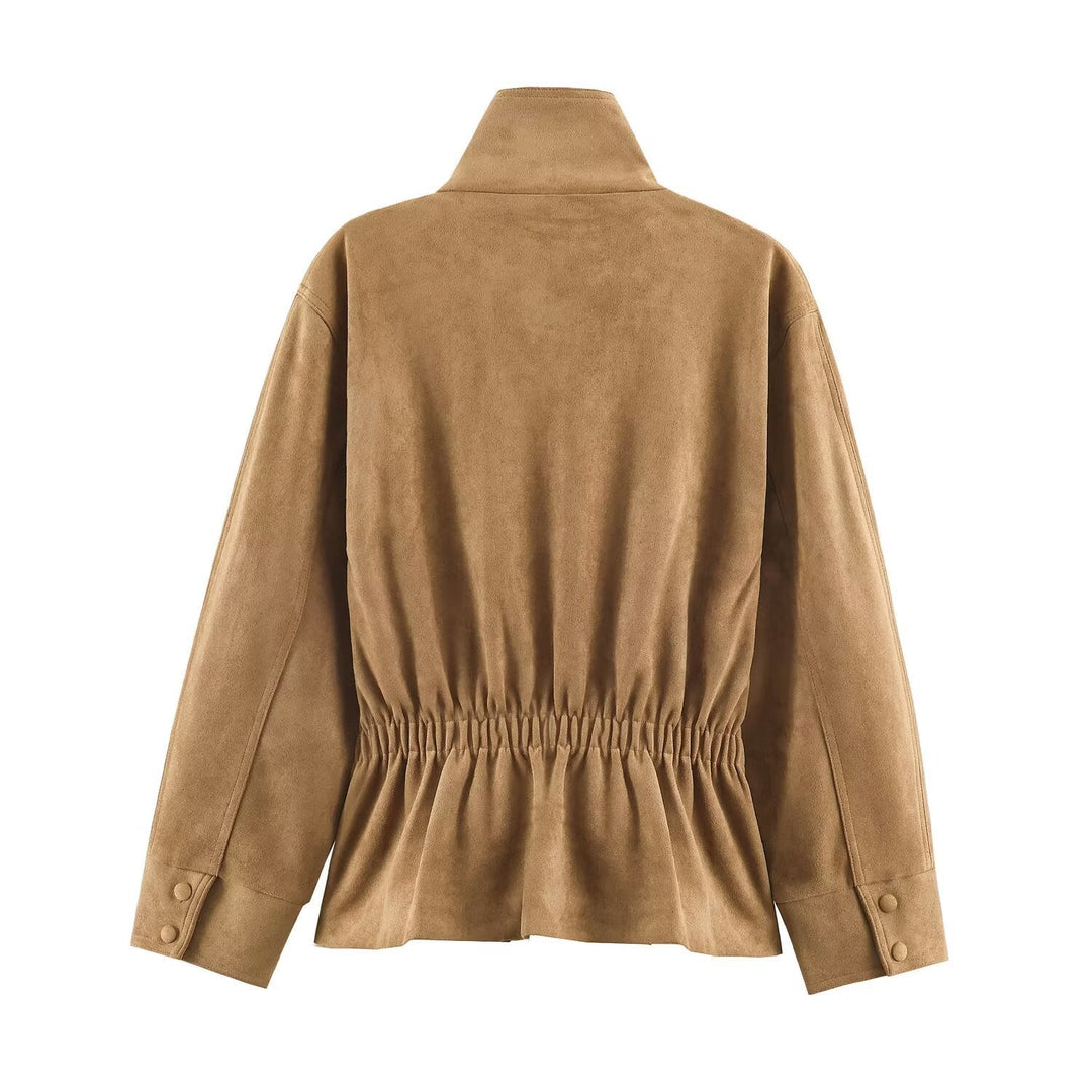 Dam Kort Jacka Tillverkad av Suede Look med Stå Krage och Tie Belt