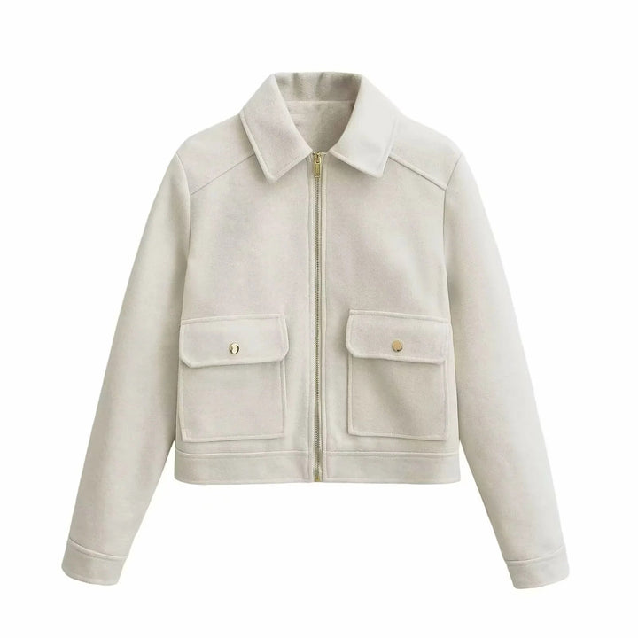 Dam boxy ullblandning shacket med concealed metal dragkedja, skjortkrage, och påsydda fickor
