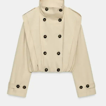 Dam Kort Trenchcoat med Double-Breasted Knapp Knäppning, Hög Stå Krage och Tailored Elastic Waistband