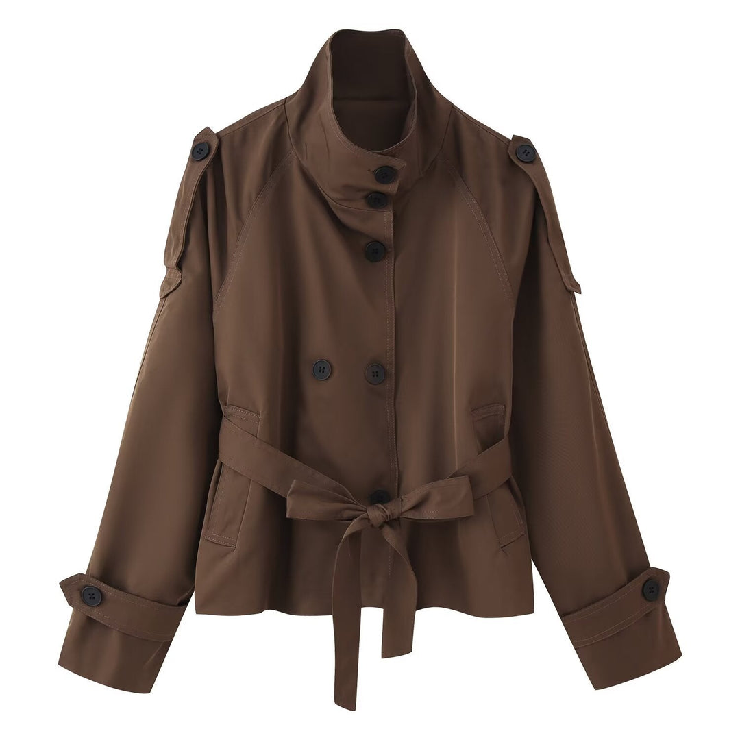 Dam 400+ Kort Fitted Trench Jacka med Stå Krage, Double-Breasted Knapp Knäppning och Belt