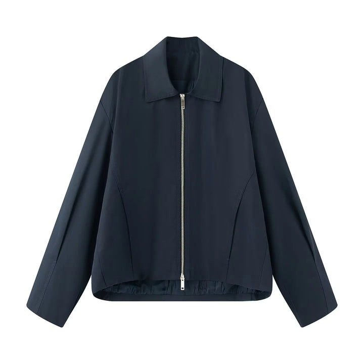 Dam lätt avslappnad boxy blousonjacka med concealed two-way dragkedja, hög krage, och side inset fickor