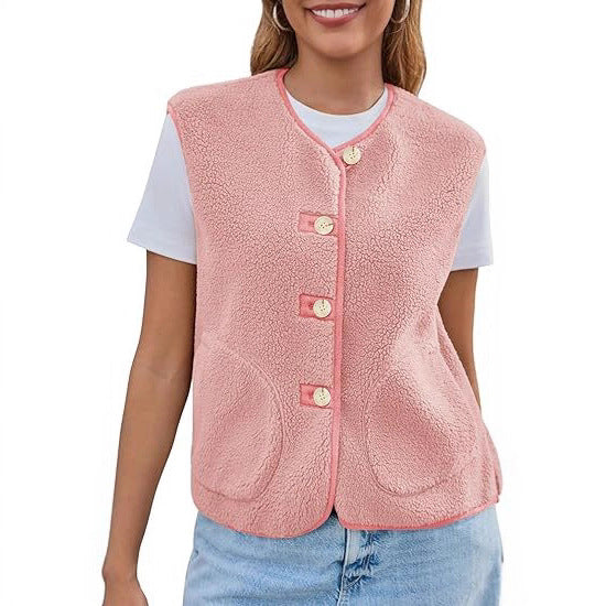 Dam teddy fleece väst med Round Neckline och knapp stängning