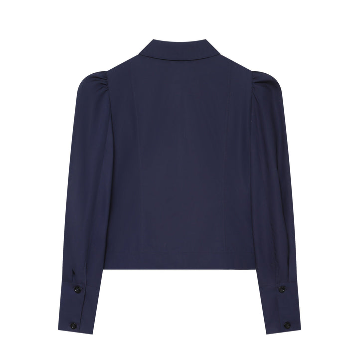 Dam Crop Blouson Jacka med Puff Ärmar, Skjort Krage och Tailored Silhuett