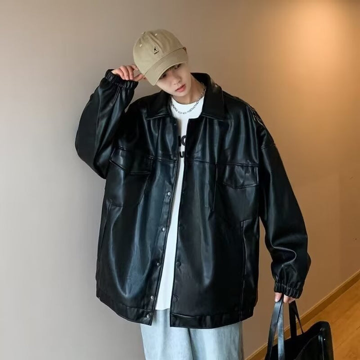 Herr Oversized PU Läder Shacket med Lock Fickor och Elastisk Muddar