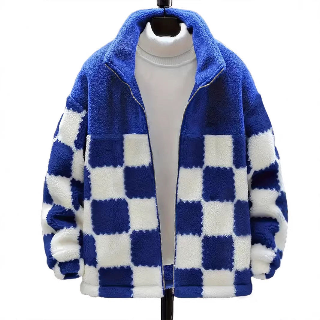 Dam rutig design Teddy fleecejacka med ståkrage, dragkedja och oversized skärning