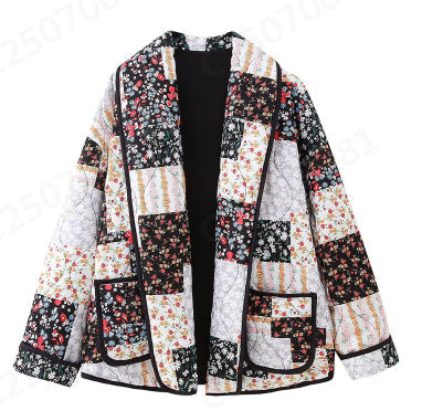 Dam non-quiltad patchwork quilt jacka med lapel krage och påsydda fickor