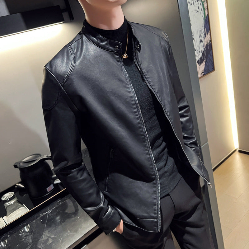 Herr Smal Konstläder Blouson Motorcycle-Inspired Design med Short Stående Krage och Dold Dragkedja