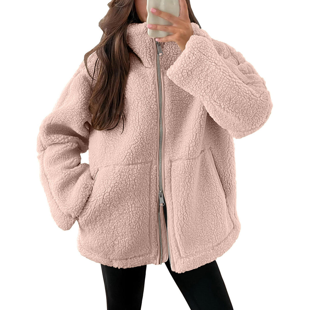Dam oversized teddy fleecejacka med ståkrage och full-length dragkedja
