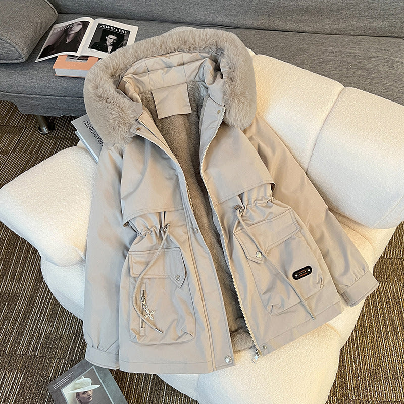 Dam nano vadderad parka med removable faux fur huva, teddyfoder, och justerbar dragsko