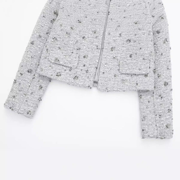 Dam kort-skärning Boucle Tweed jacka med floral sequin appliqué och öppen front