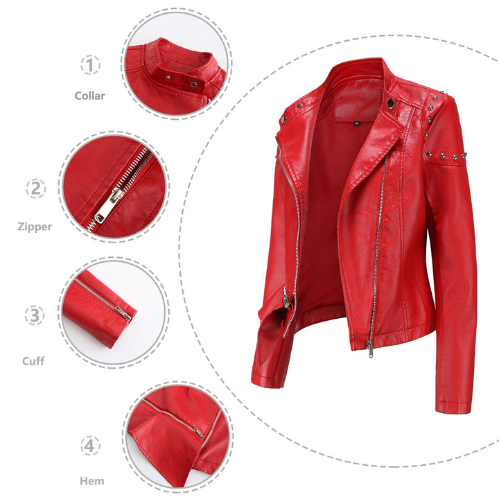 Dam asymmetric konstläder bikerjacka med stud application och figursydd peplum