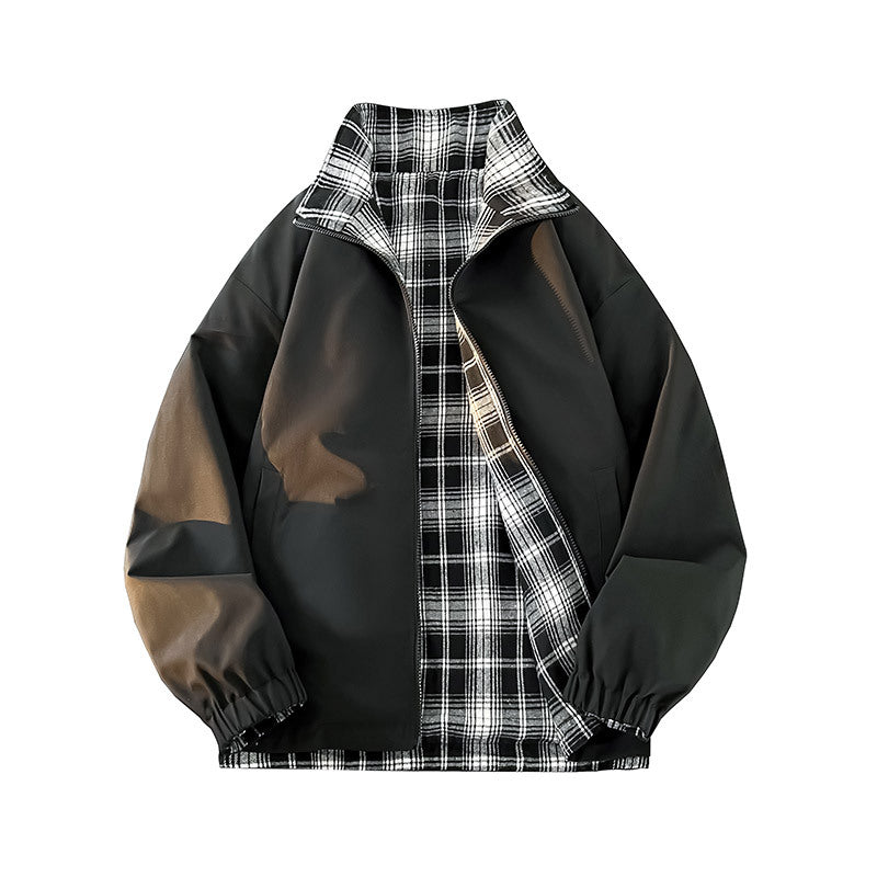 Unisex Reversible Utility jacka med checked foder, ståkrage och elastic muddar