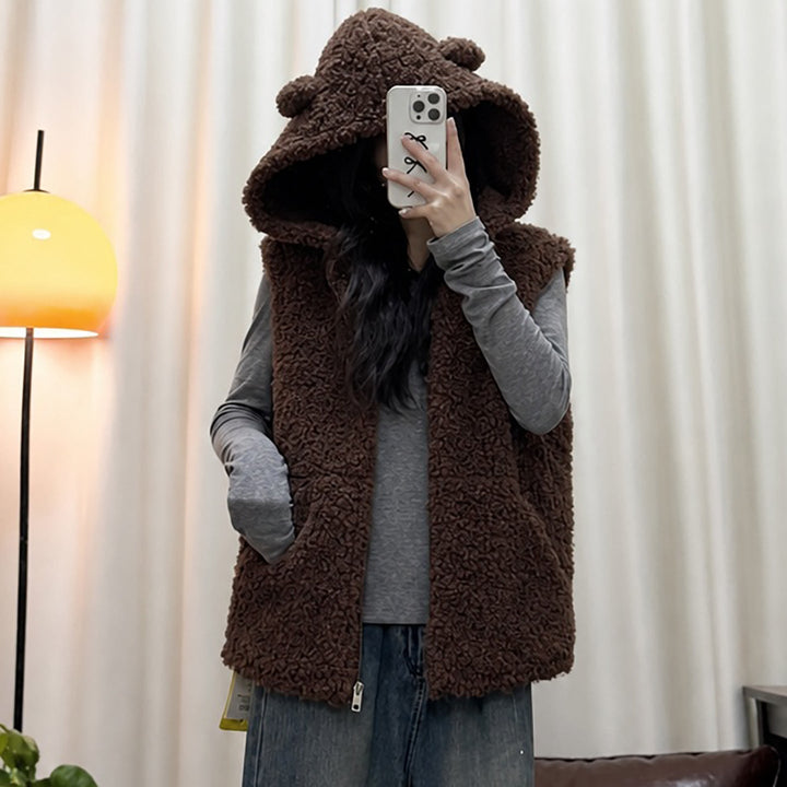 Dam cozy teddy väst med huva och dragkedja