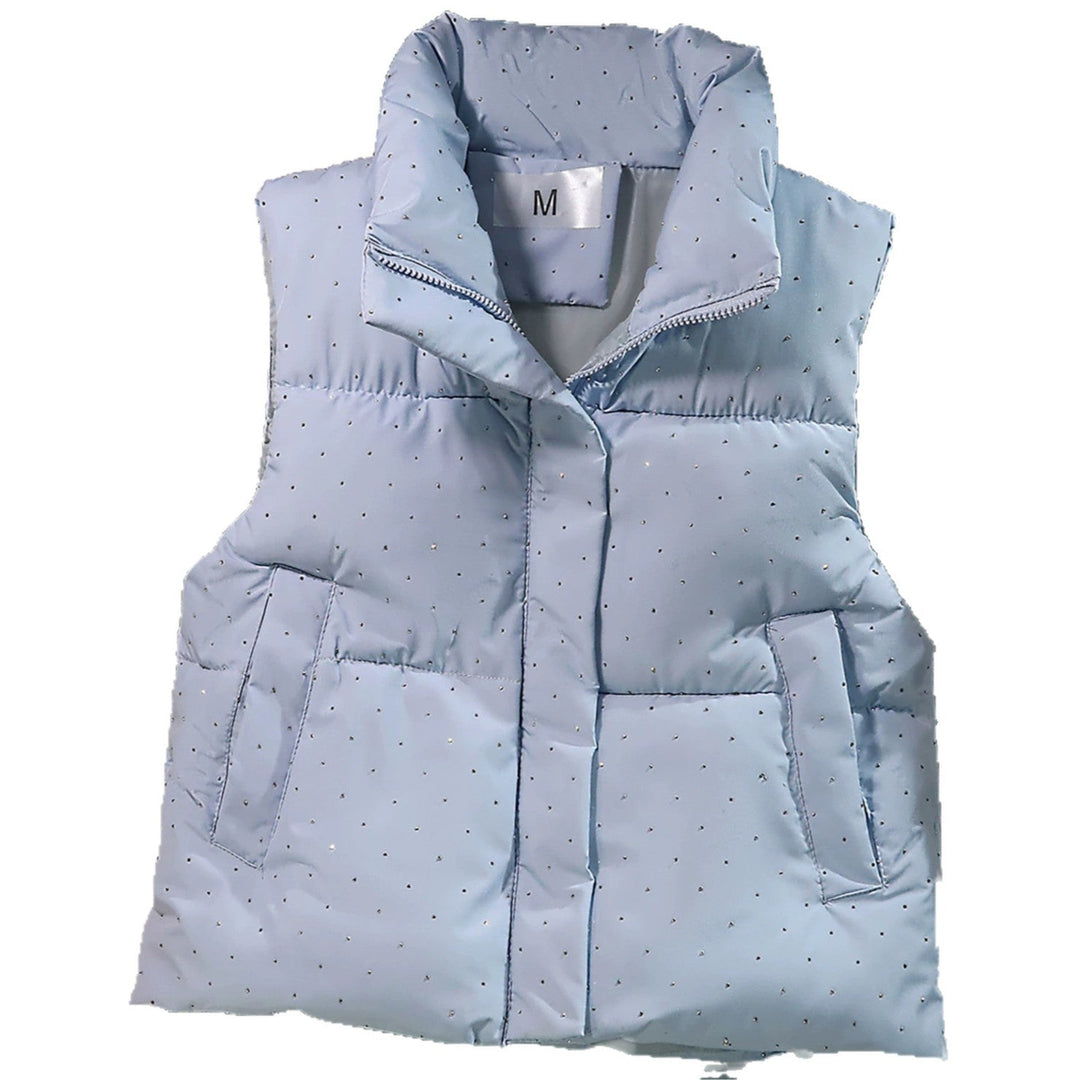 Dam non-quiltad sleeveless thermal väst med high standing krage, concealed dragkedja placket, och fine dot tryck