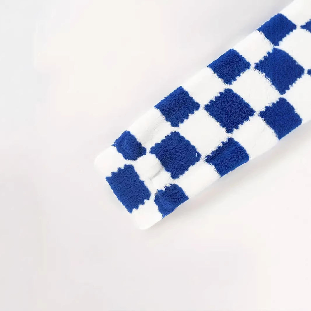 Dam rutig design Teddy fleecejacka med ståkrage, dragkedja och oversized skärning