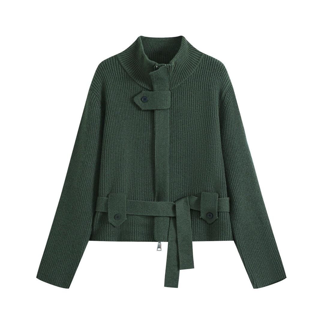 Dam Kort Kofta i Blouson Stil med Stå Krage och Tie Belt