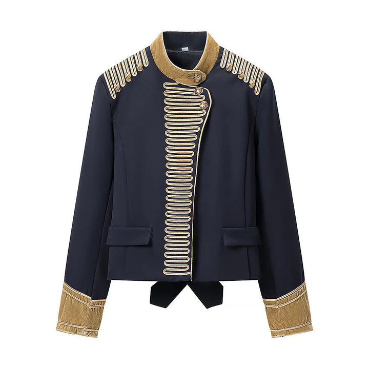 Dam military parade jacka med gold-embellished braids, ståkrage och velvet cuffs