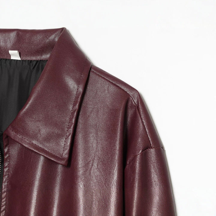 Dam kort skuren konstläder Blouson med dragkedja och Gathered fåll