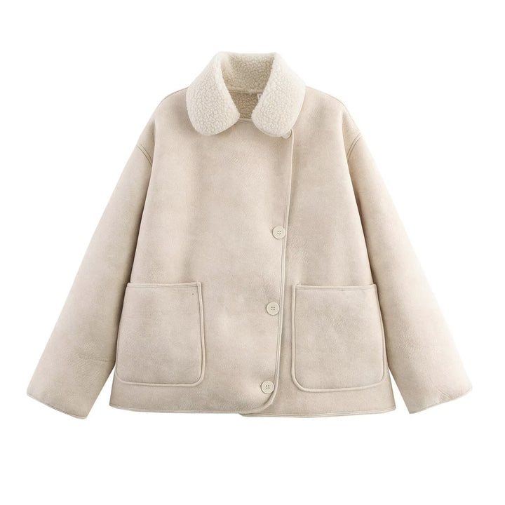 Dam Kort Skärning Oversize Faux Shearling Kappa med Teddy Krage